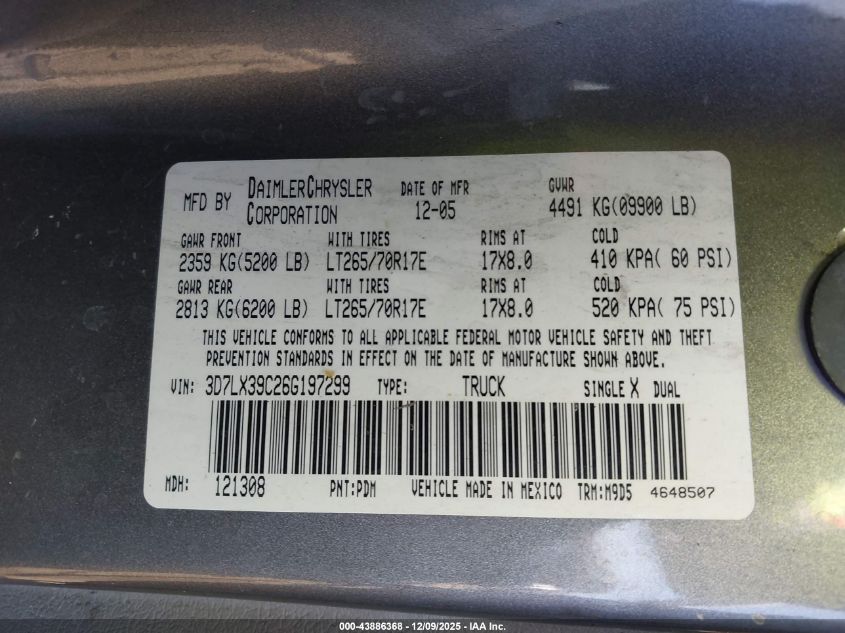 2006 Dodge Ram 3500 Slt VIN: 3D7LX39C26G197299 Lot: 43886368