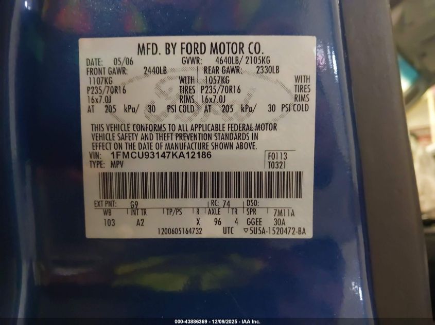 2007 Ford Escape Xlt/Xlt Sport VIN: 1FMCU93147KA12186 Lot: 43886369