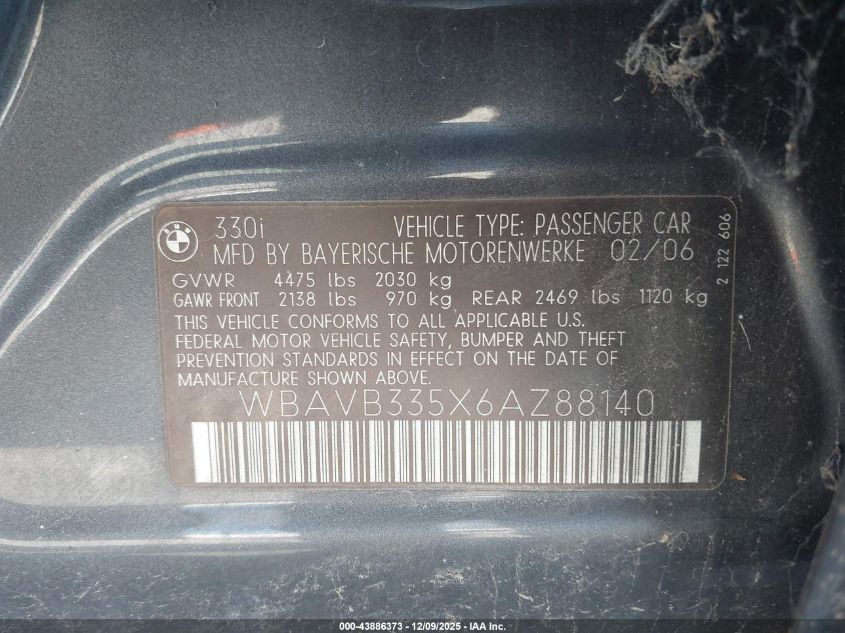 2006 BMW 330I VIN: WBAVB335X6AZ88140 Lot: 43886373
