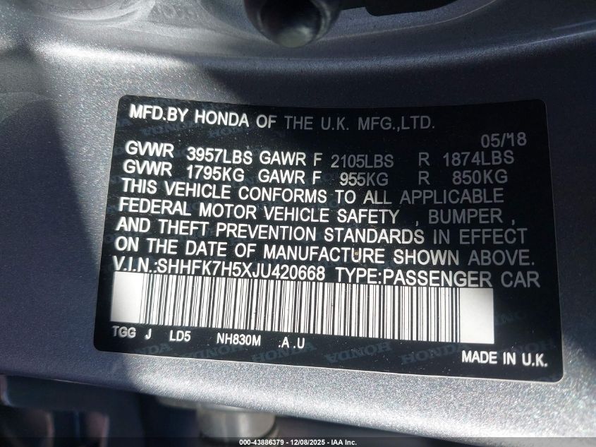 2018 Honda Civic Ex VIN: SHHFK7H5XJU420668 Lot: 43886379