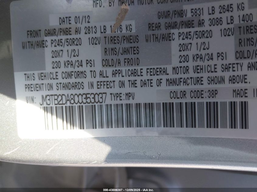 2012 Mazda Cx-9 Grand Touring VIN: JM3TB2DA8C0353037 Lot: 43886387