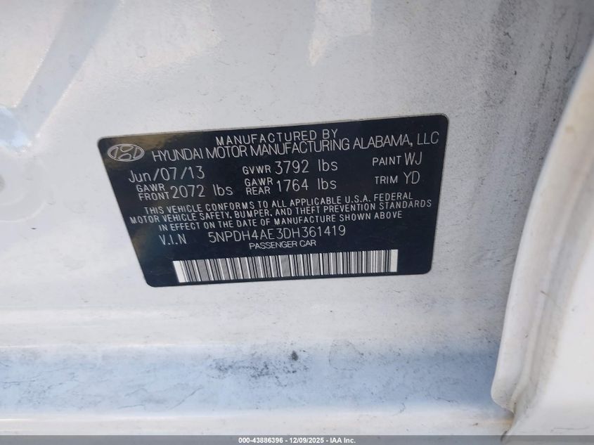 2013 Hyundai Elantra Gls VIN: 5NPDH4AE3DH361419 Lot: 43886396