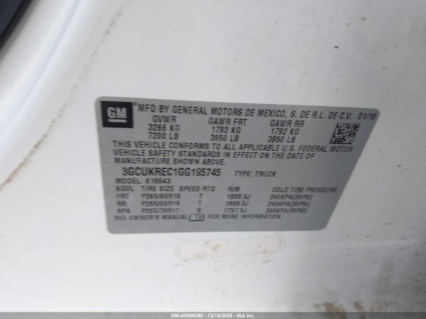 2016 Chevrolet Silverado 1500 1Lt VIN: 3GCUKREC1GG195745 Lot: 43886398