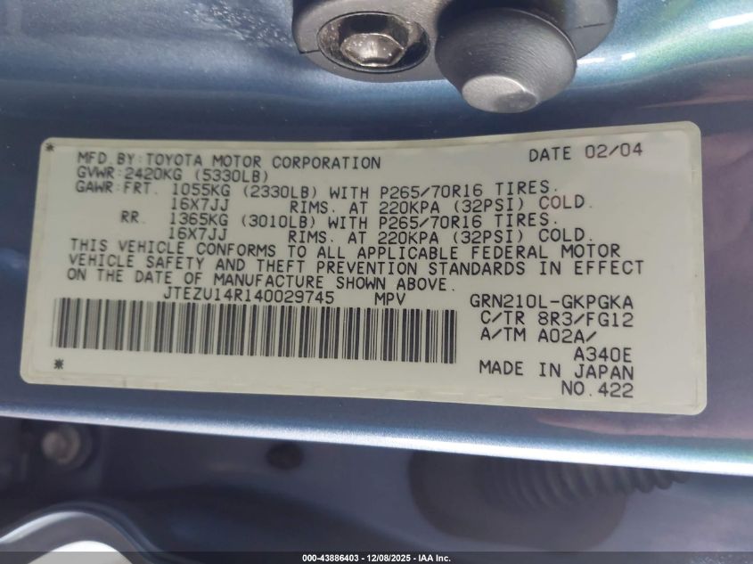 2004 Toyota 4Runner Sr5 V6 VIN: JTEZU14R140029745 Lot: 43886403