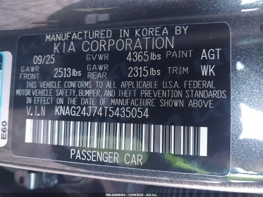 2026 Kia K5 Lxs Fwd VIN: KNAG24J74T5435054 Lot: 43886404