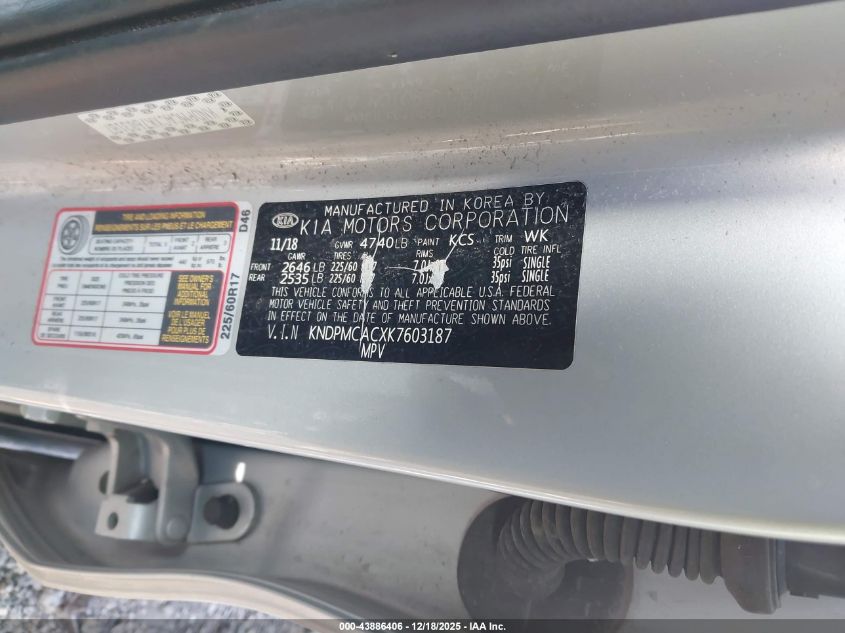 2019 Kia Sportage Lx VIN: KNDPMCACXK7603187 Lot: 43886406