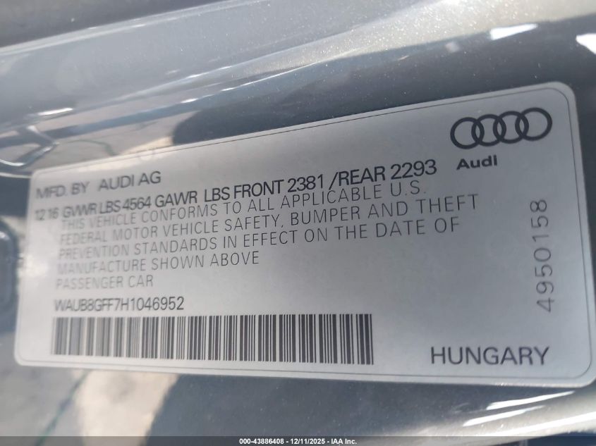 2017 Audi A3 2.0T Premium VIN: WAUB8GFF7H1046952 Lot: 43886408