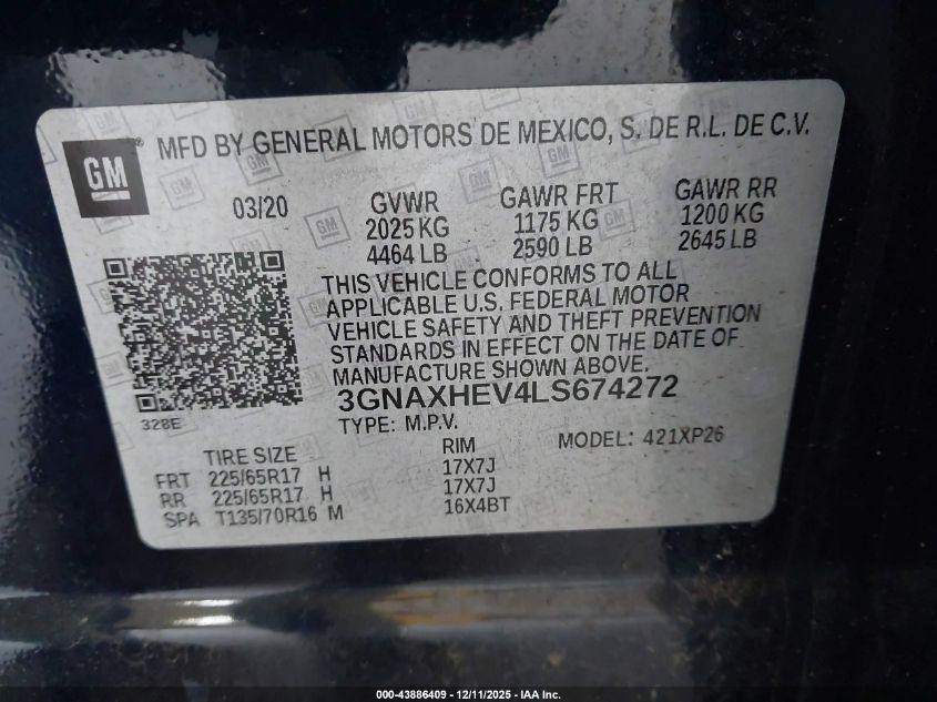2020 Chevrolet Equinox Fwd Ls VIN: 3GNAXHEV4LS674272 Lot: 43886409