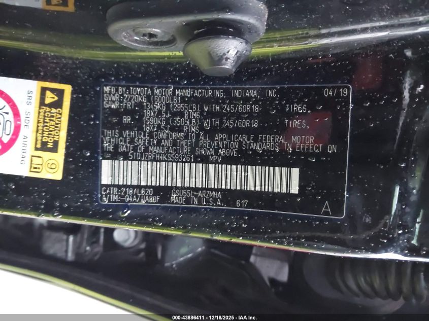 2019 Toyota Highlander Xle VIN: 5TDJZRFH4KS593261 Lot: 43886411