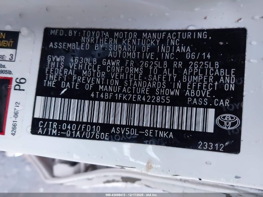 2014 Toyota Camry Le VIN: 4T4BF1FK7ER422855 Lot: 43886413