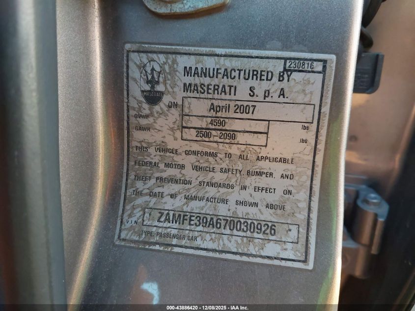2007 Maserati Quattroporte Base Automatic/Executive Gt Automatic/Sport Gt Automatic VIN: ZAMFE39A670030926 Lot: 43886420