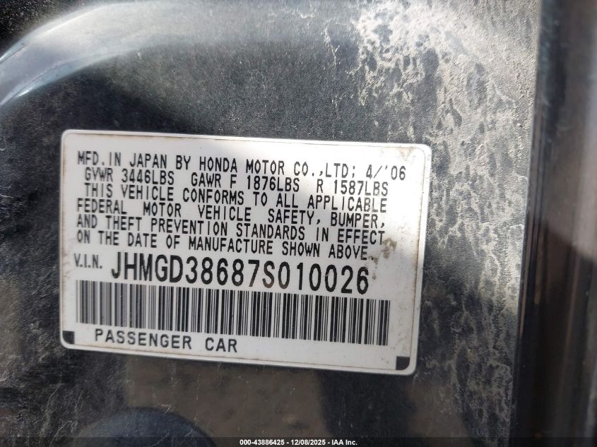 2007 Honda Fit Sport VIN: JHMGD38687S010026 Lot: 43886425