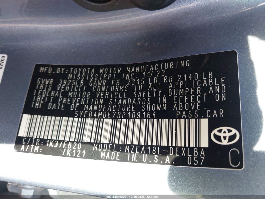 2024 Toyota Corolla Le VIN: 5YFB4MDE7RP109164 Lot: 43886429