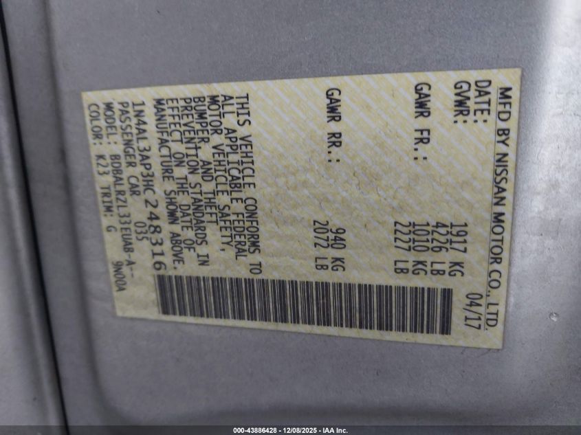 2017 Nissan Altima 2.5 Sl VIN: 1N4AL3AP3HC248316 Lot: 43886428