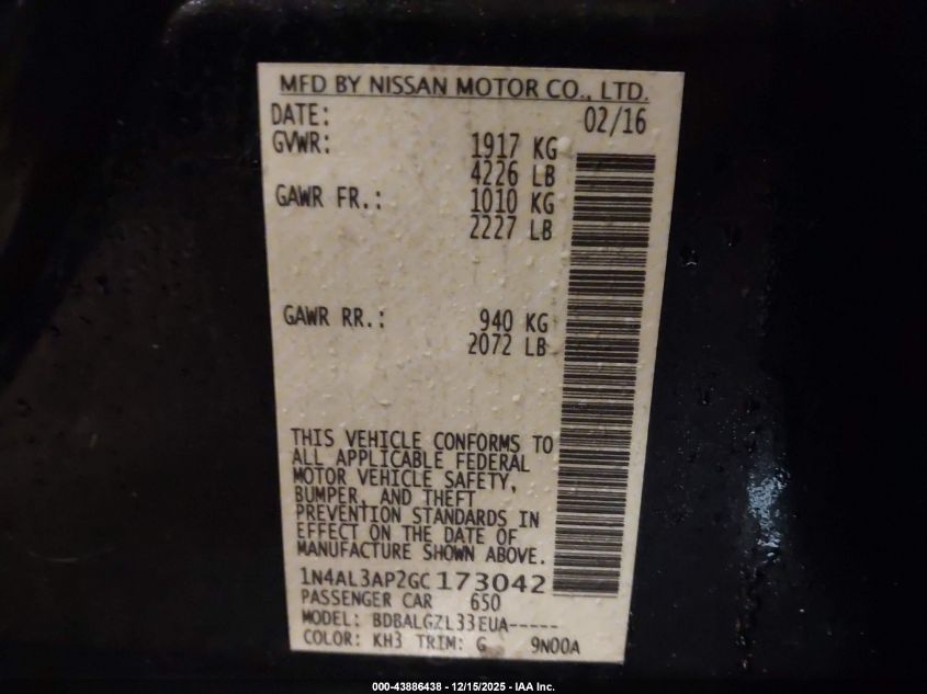 2016 Nissan Altima 2.5/2.5 S/2.5 Sl/2.5 Sr/2.5 Sv VIN: 1N4AL3AP2GC173042 Lot: 43886438