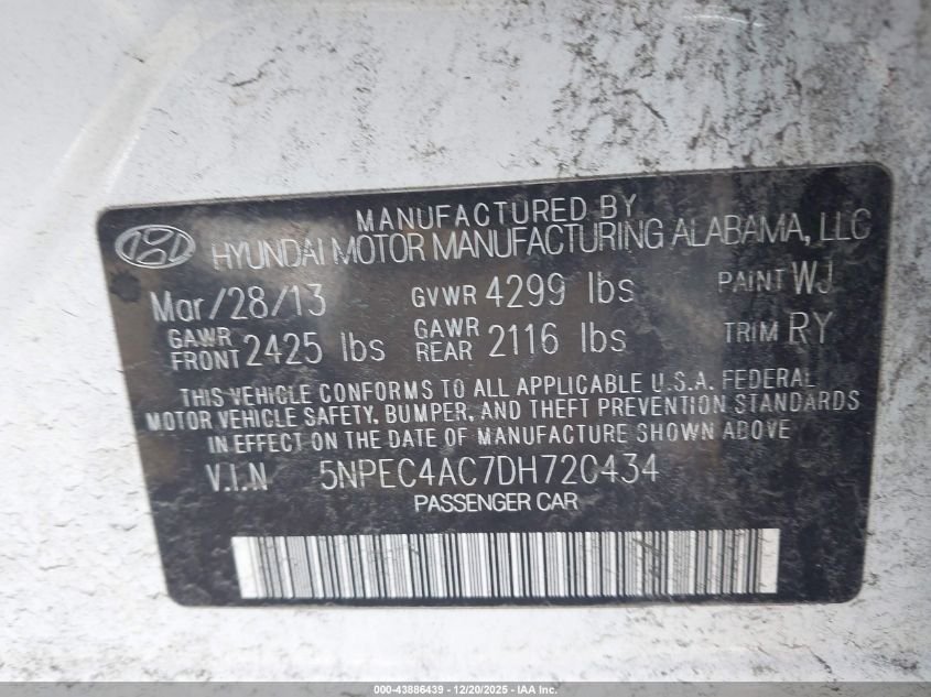 2013 Hyundai Sonata Se VIN: 5NPEC4AC7DH720434 Lot: 43886439