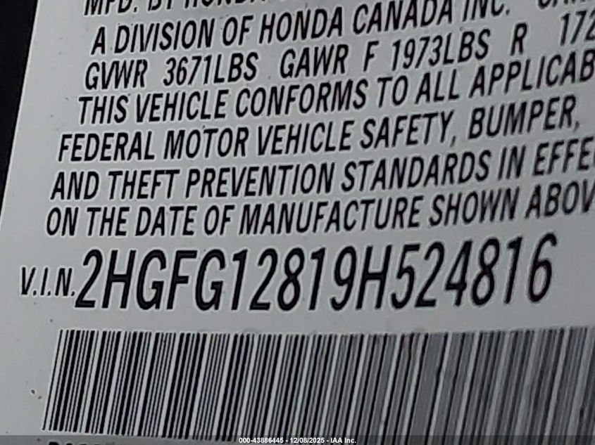 2009 Honda Civic Ex VIN: 2HGFG12819H524816 Lot: 43886445