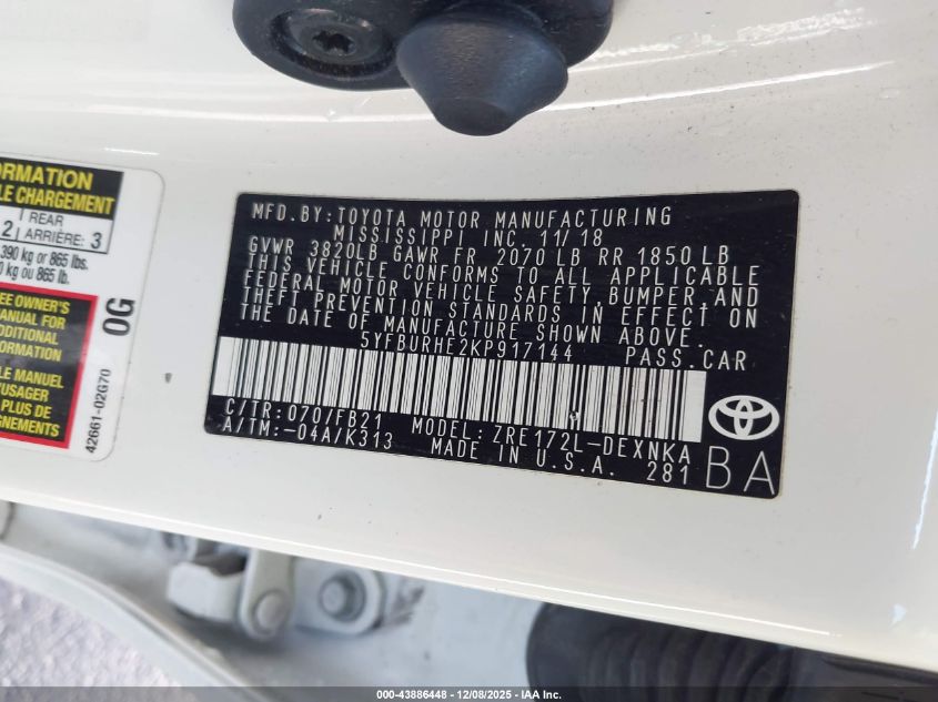 2019 Toyota Corolla Le VIN: 5YFBURHE2KP917144 Lot: 43886448