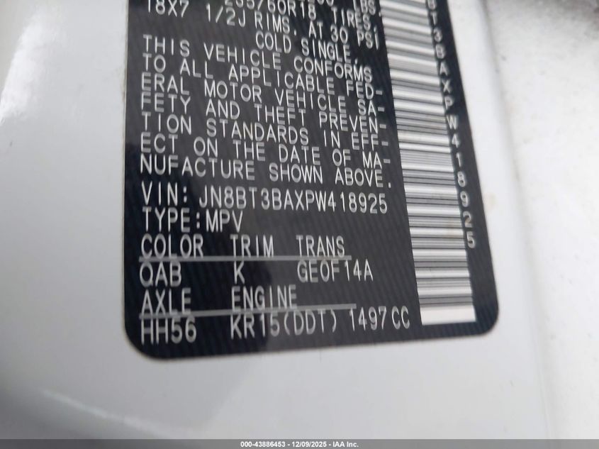 2023 Nissan Rogue Sv Fwd VIN: JN8BT3BAXPW418925 Lot: 43886453