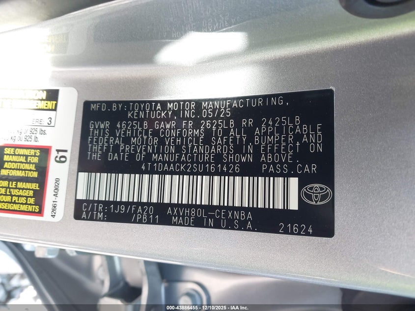 VIN 4T1DAACK2SU161426 2025 TOYOTA CAMRY LE