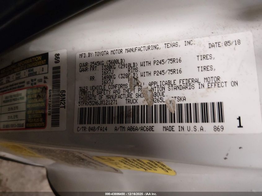 2018 Toyota Tacoma Sr VIN: 5TFRX5GN6JX121271 Lot: 43886458