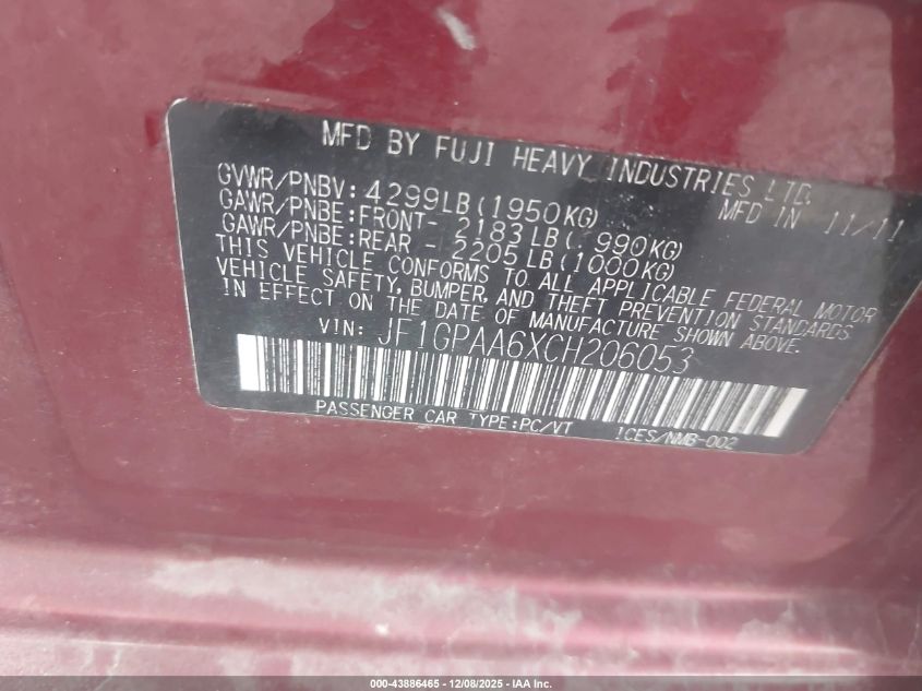 2012 Subaru Impreza 2.0I VIN: JF1GPAA6XCH206053 Lot: 43886465