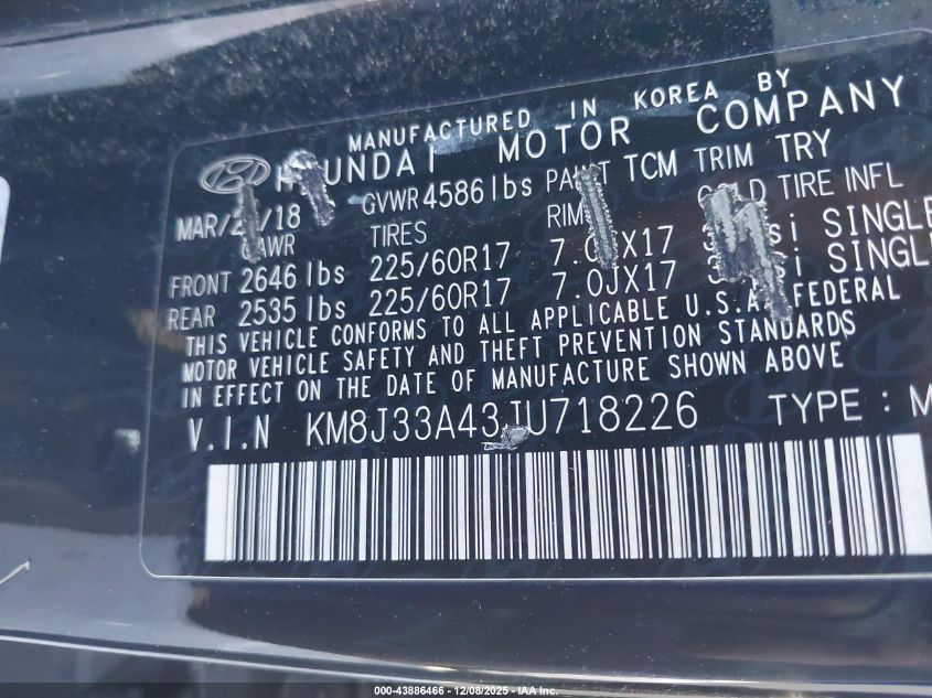 2018 Hyundai Tucson Sel Plus VIN: KM8J33A43JU718226 Lot: 43886466