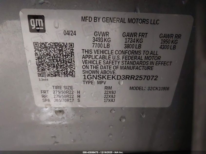 2024 Chevrolet Suburban 4Wd Rst VIN: 1GNSKEKD3RR257072 Lot: 43886475