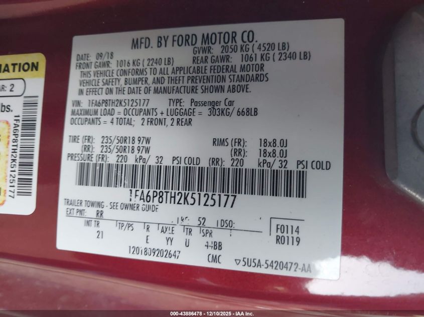 2019 Ford Mustang Ecoboost VIN: 1FA6P8TH2K5125177 Lot: 43886478