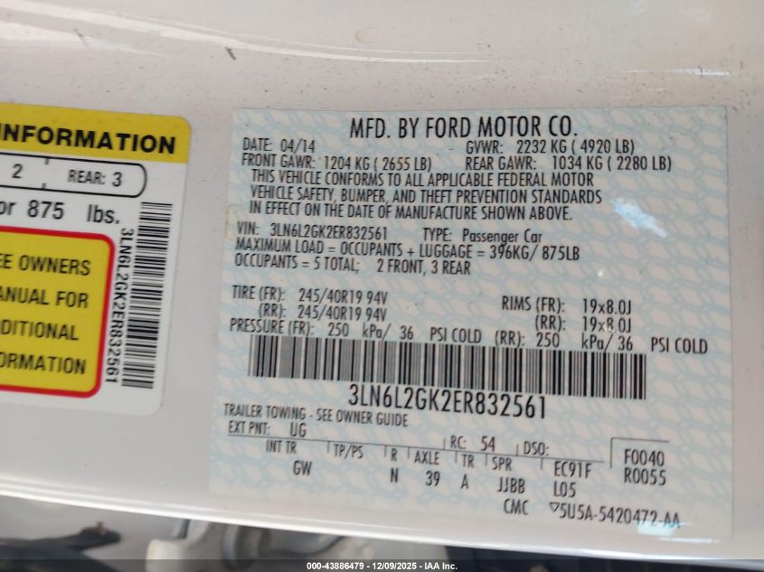 2014 Lincoln Mkz VIN: 3LN6L2GK2ER832561 Lot: 43886479