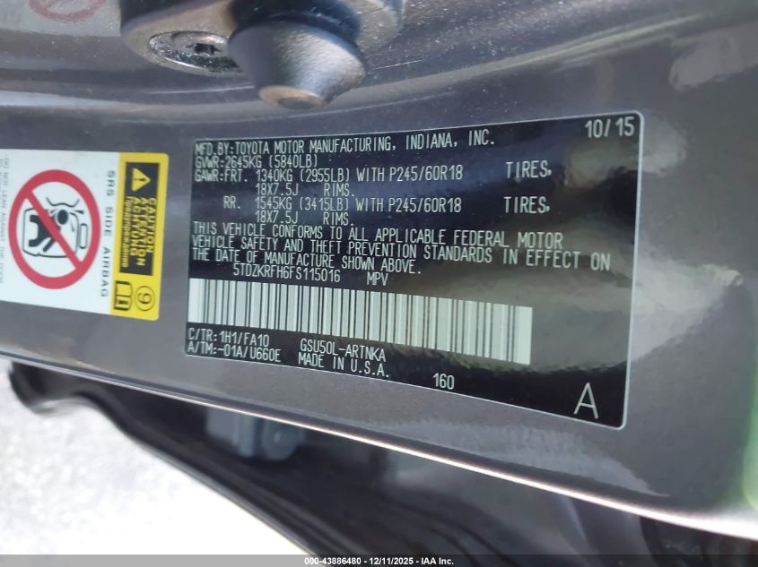 2015 Toyota Highlander Le Plus V6 VIN: 5TDZKRFH6FS115016 Lot: 43886480