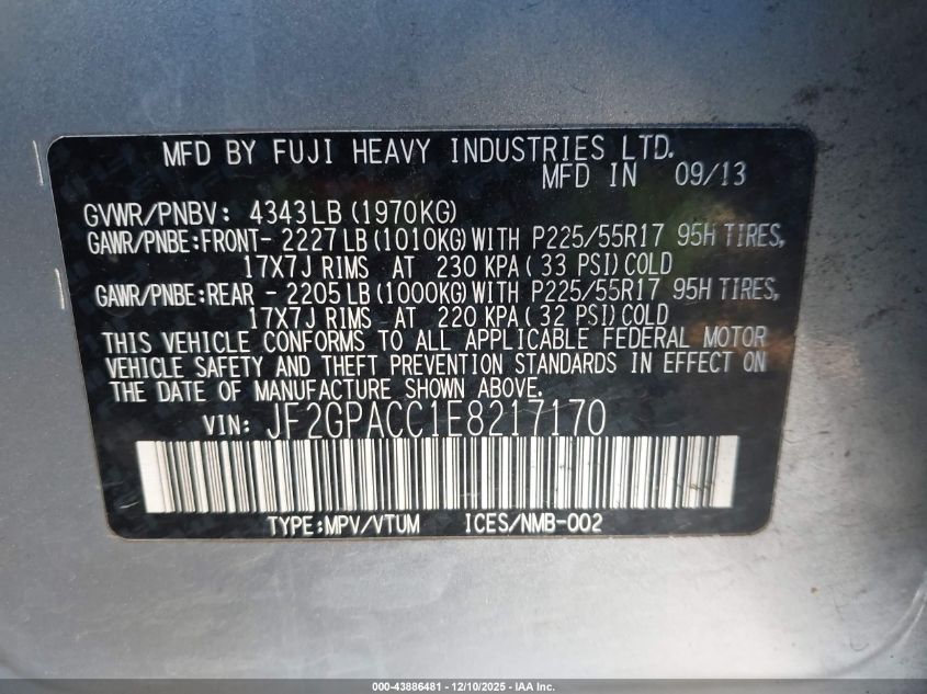 2014 Subaru Xv Crosstrek 2.0I Premium VIN: JF2GPACC1E8217170 Lot: 43886481