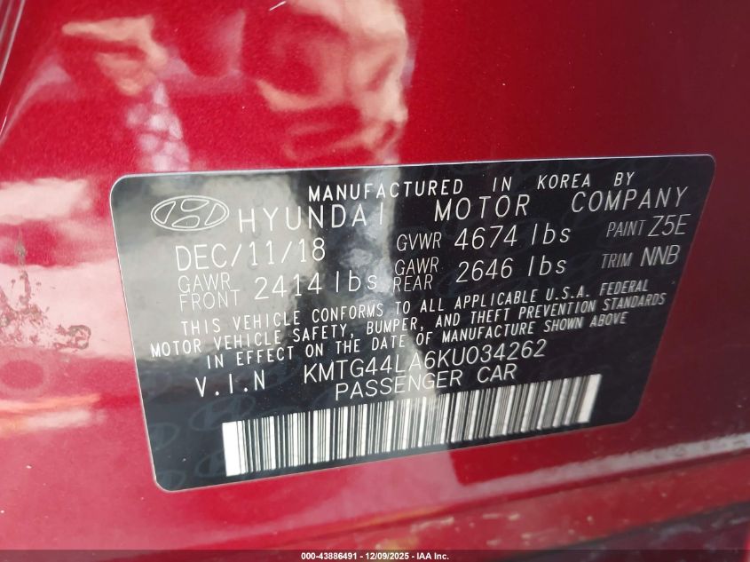 2019 Genesis G70 2.0T Advanced VIN: KMTG44LA6KU034262 Lot: 43886491