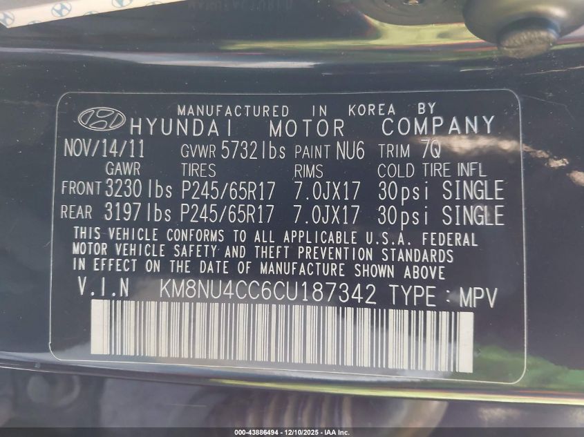 2012 Hyundai Veracruz Gls VIN: KM8NU4CC6CU187342 Lot: 43886494