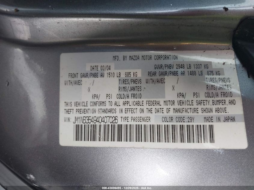 2004 Mazda Mazdaspeed Mx-5 Miata Cloth VIN: JM1NB354940407026 Lot: 43886495