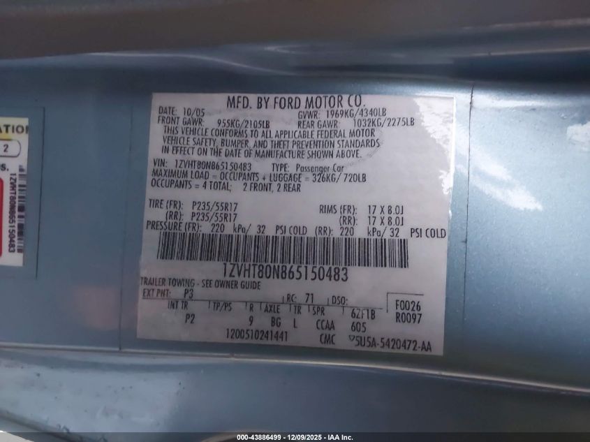 2006 Ford Mustang V6 VIN: 1ZVHT80N865150483 Lot: 43886499