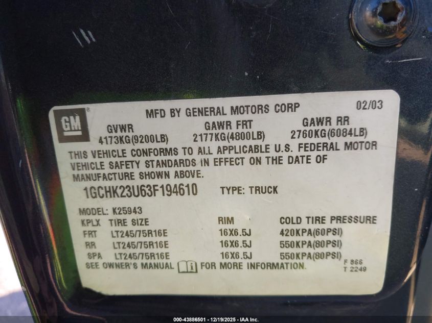 2003 Chevrolet Silverado 2500Hd Ls VIN: 1GCHK23U63F194610 Lot: 43886501