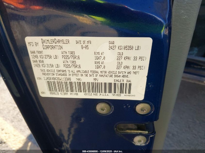 2006 Jeep Liberty Sport VIN: 1J4GK48K26W113308 Lot: 43886508