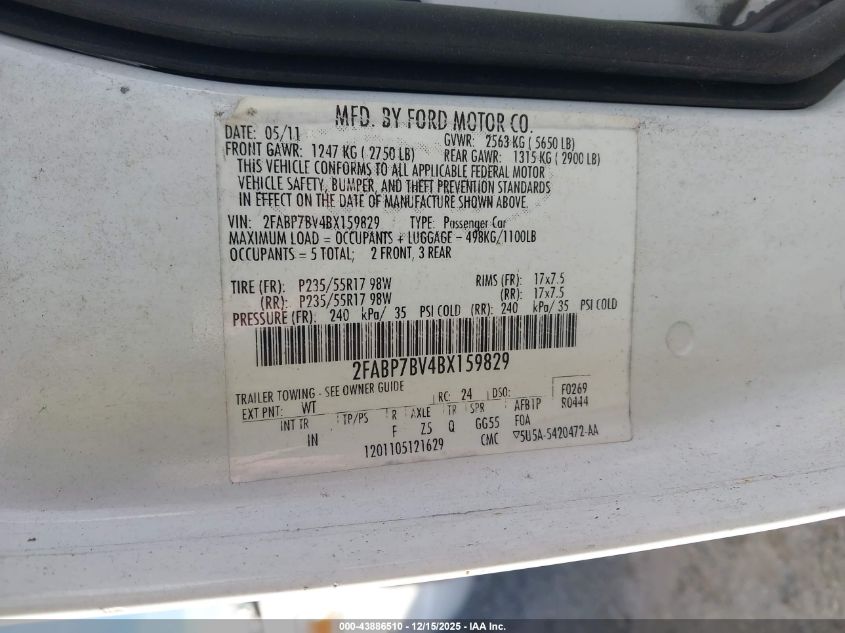 2011 Ford Crown Victoria Police Interceptor VIN: 2FABP7BV4BX159829 Lot: 43886510