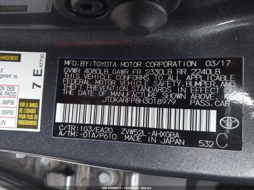 2017 Toyota Prius Prime Advanced VIN: JTDKARFP8H3018979 Lot: 43886517