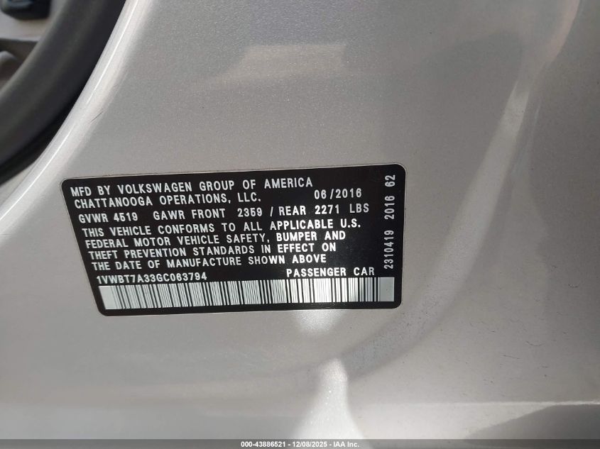 2016 Volkswagen Passat 1.8T Se VIN: 1VWBT7A33GC063794 Lot: 43886521