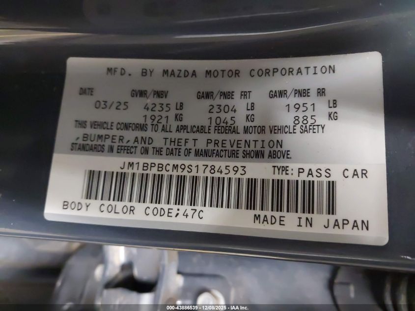 2025 Mazda Mazda3 2.5 S Carbon Edition VIN: JM1BPBCM9S1784593 Lot: 43886539