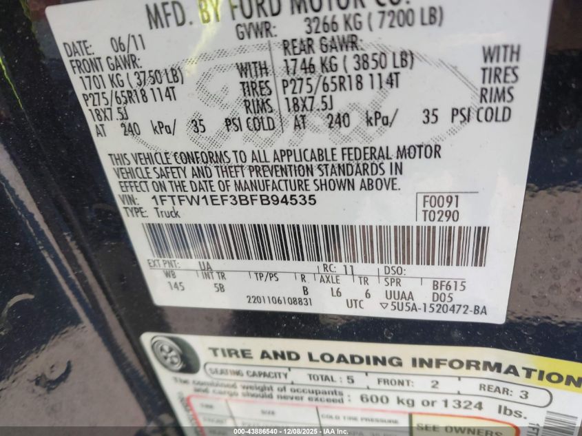 2011 Ford F-150 Fx4 VIN: 1FTFW1EF3BFB94535 Lot: 43886540