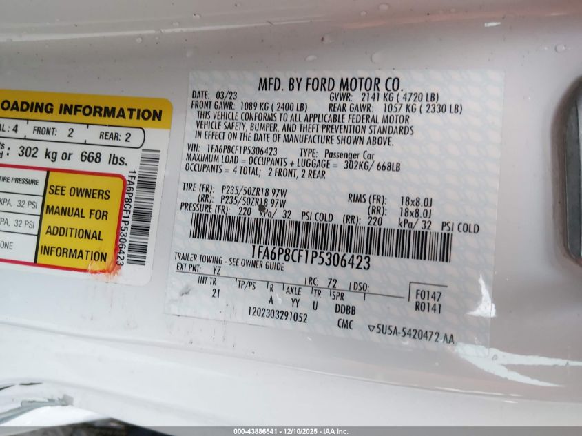 2023 Ford Mustang Gt Fastback VIN: 1FA6P8CF1P5306423 Lot: 43886541