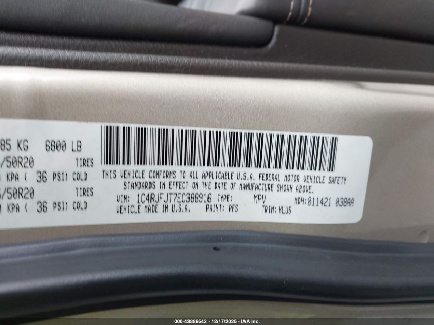 2014 Jeep Grand Cherokee Summit VIN: 1C4RJFJT7EC388916 Lot: 43886542