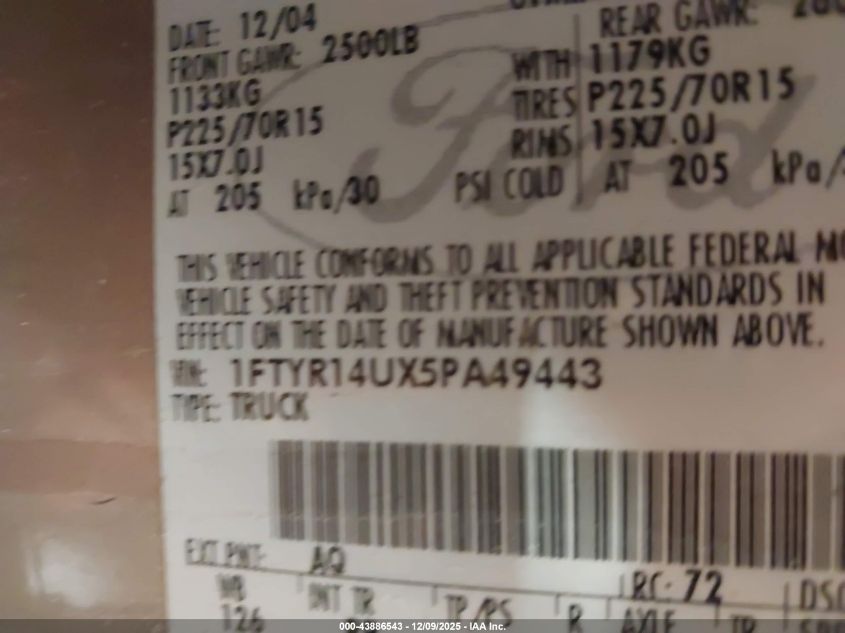 2005 Ford Ranger Edge/Stx/Xl/Xlt VIN: 1FTYR14UX5PA49443 Lot: 43886543