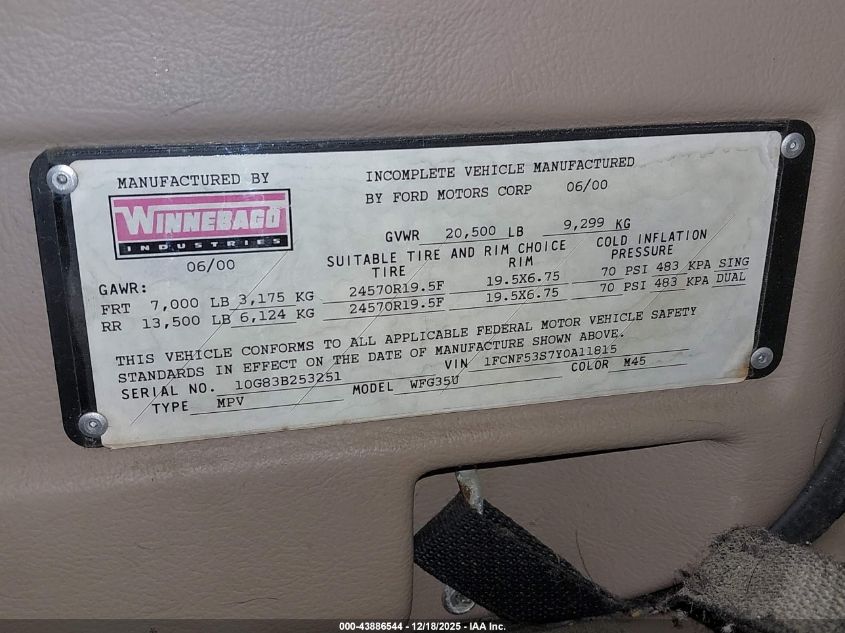 2000 Ford F550 Super Duty Stripped Chass VIN: 1FCNF53S7Y0A11815 Lot: 43886544