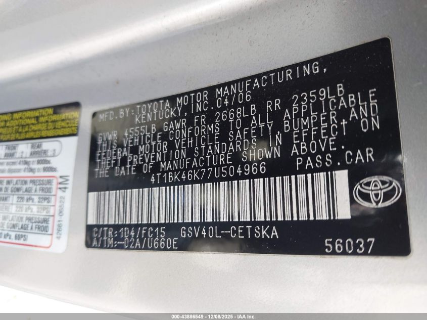 2007 Toyota Camry Se V6 VIN: 4T1BK46K77U504966 Lot: 43886549