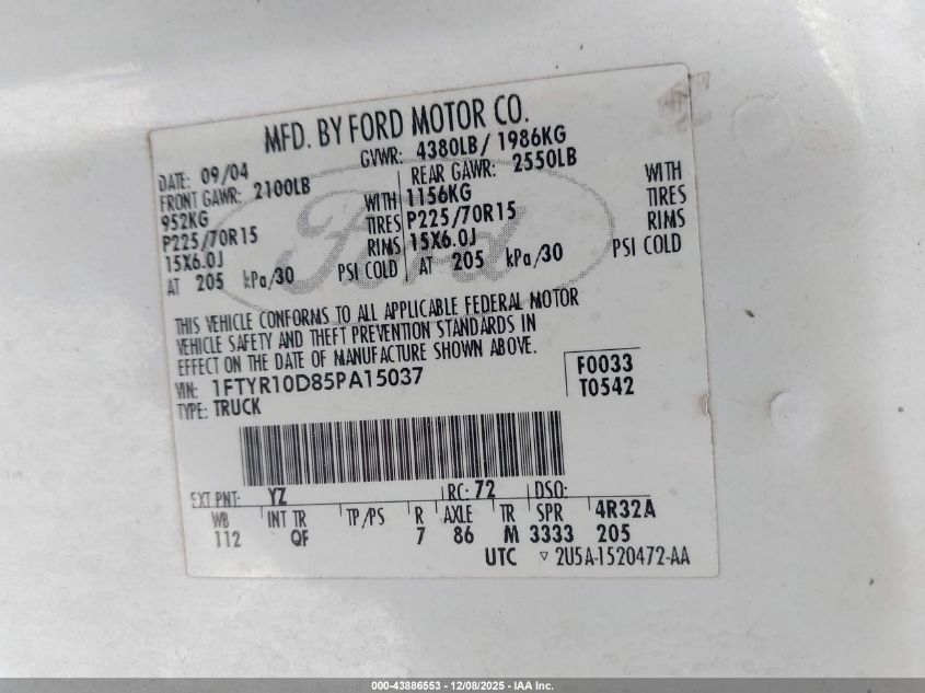2005 Ford Ranger Xl/Xls/Xlt VIN: 1FTYR10D85PA15037 Lot: 43886553