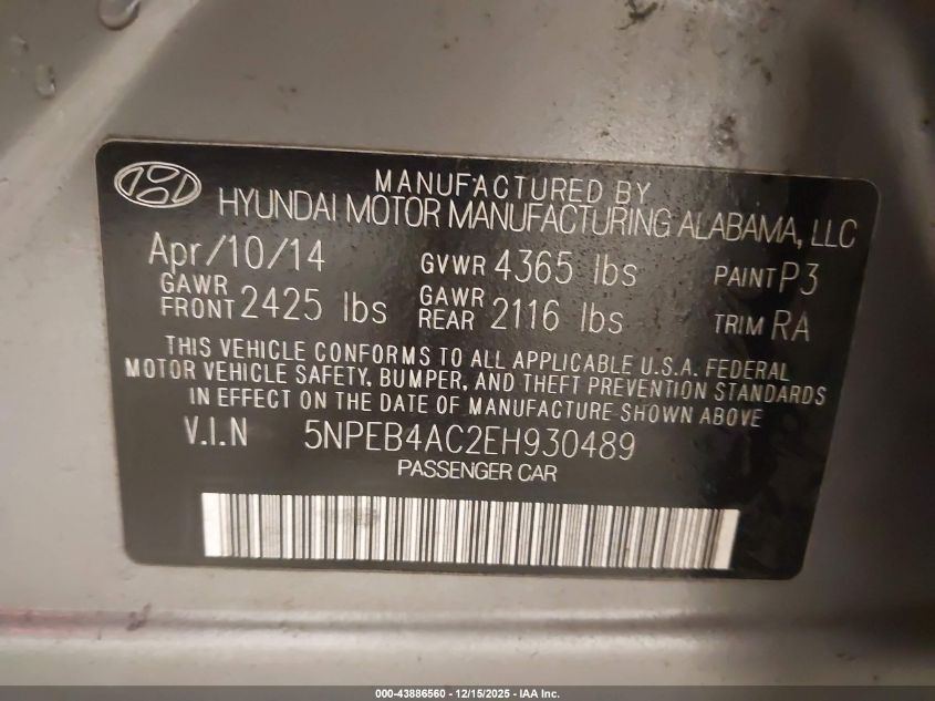 2014 Hyundai Sonata Gls VIN: 5NPEB4AC2EH930489 Lot: 43886560